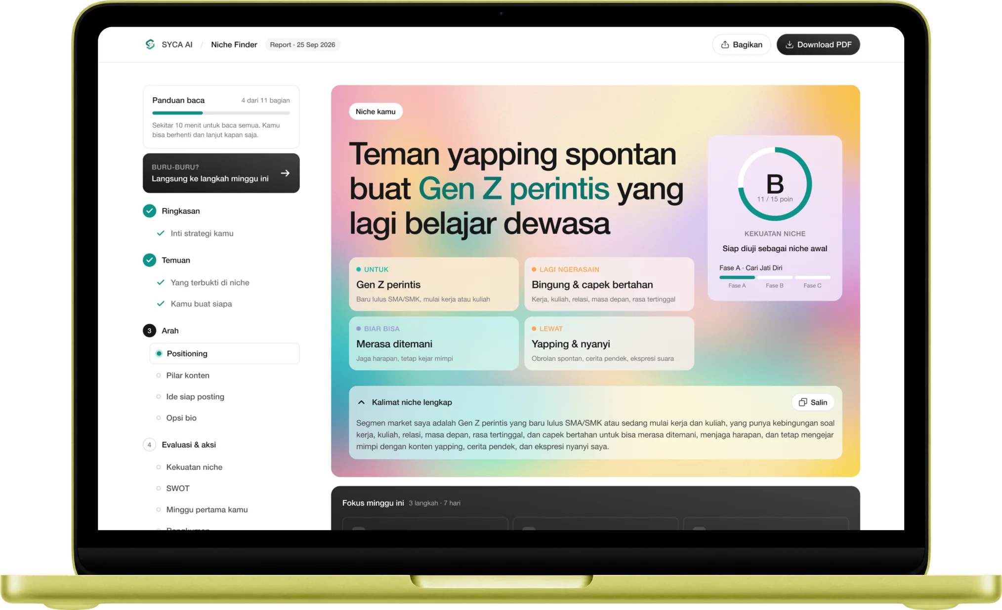 Contoh report Niche Finder di layar laptop